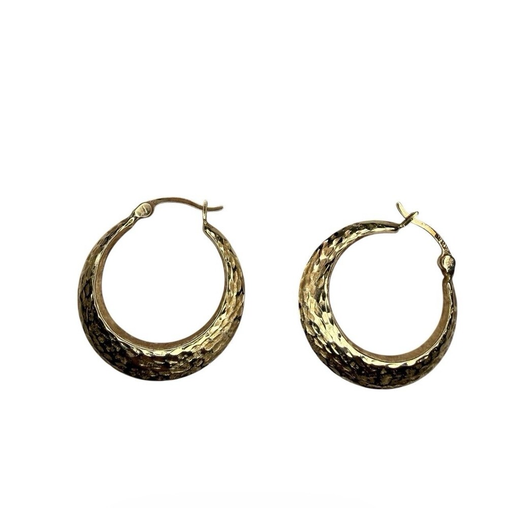 Vintage Signed DN 14K Yellow Gold Textured Tapered Hoop Earrings 1" Hollow 1g